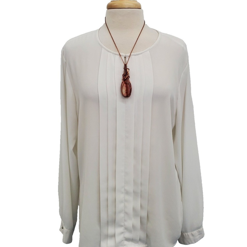 Sami & Jo Womens White Pleated Long Sleeve Blouse Top XL Keyhole Neck Career